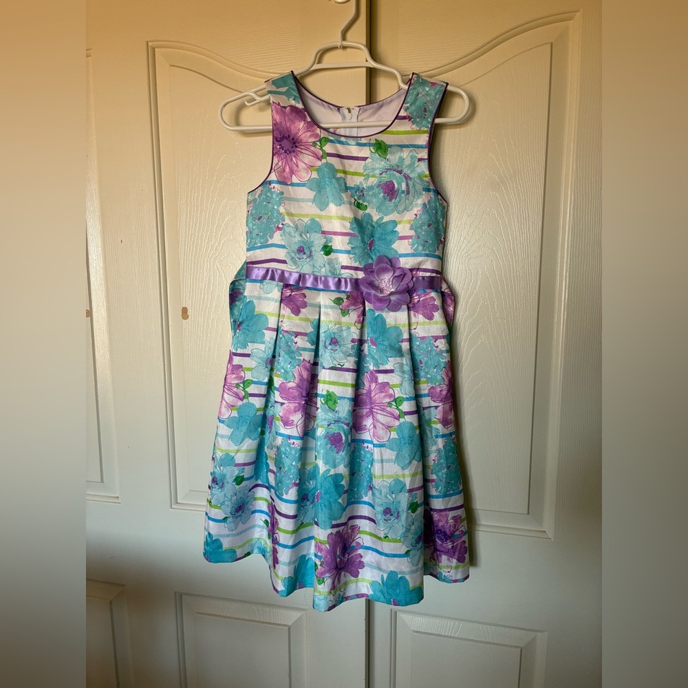 Ashley Ann Girls Dress Sleeveless Blue Purple Midi Floral Summer Size 14 Large